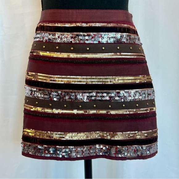 ABERCROMBIE & Fitch maroon burgundy striped sequin beaded velvet mini skirt Sz0 - Picture 3 of 15
